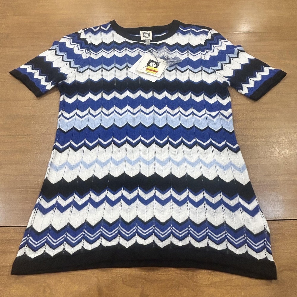 Anne‎ Klein Tunic Sweater Womens XXS Multicolor Chevron Open Knit Short Sleeve